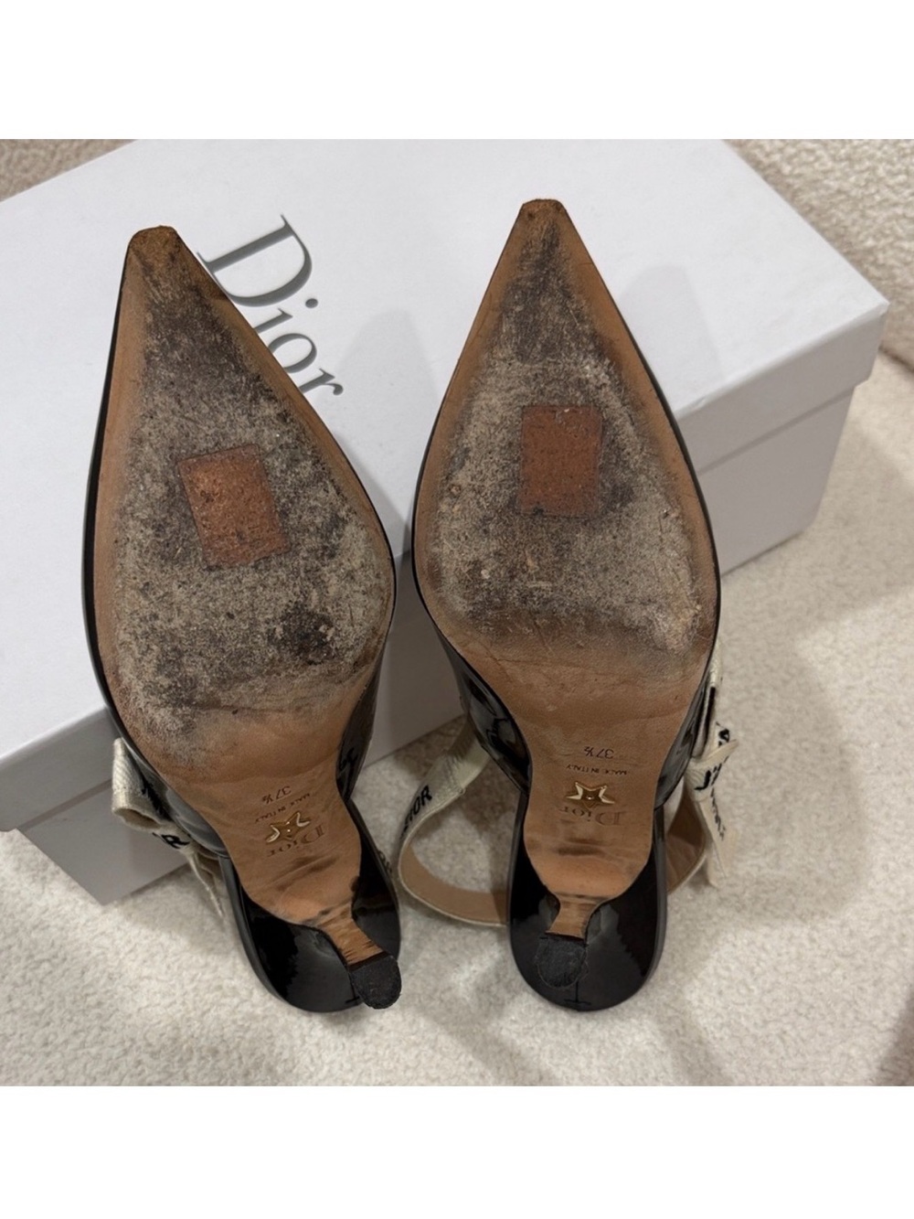 Dior Black Patent J'Adior Slingback Heels with Ivory Logo Ribbon - Picture 5 of 6